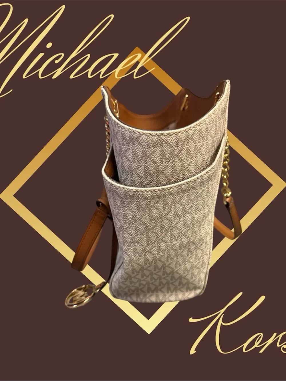 Michael Kors Cream Logo Tote with Gold Chain Straps - Picture 4 of 7